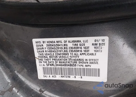 2010 Honda Odyssey Ex z USA, uszkodzony, nr VIN 5FNRL3H46AB048659